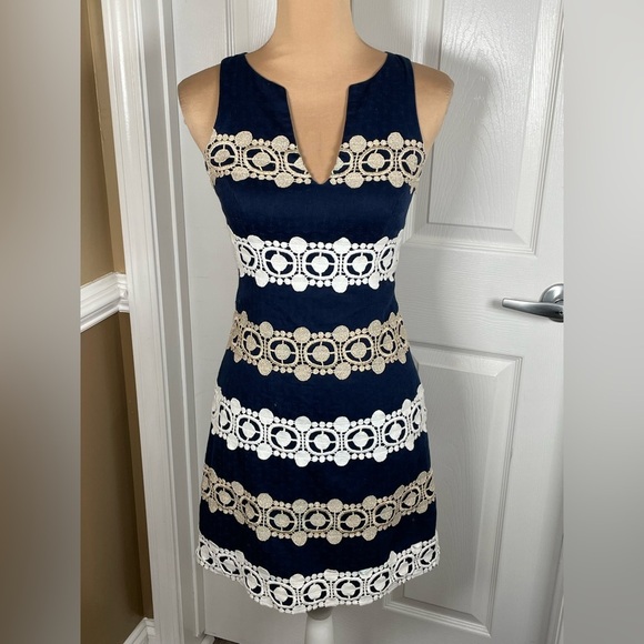 Lilly Pulitzer Navy White Gold Augusta Shift Blue with Lace Trim Cocktail Dress - Picture 9 of 14
